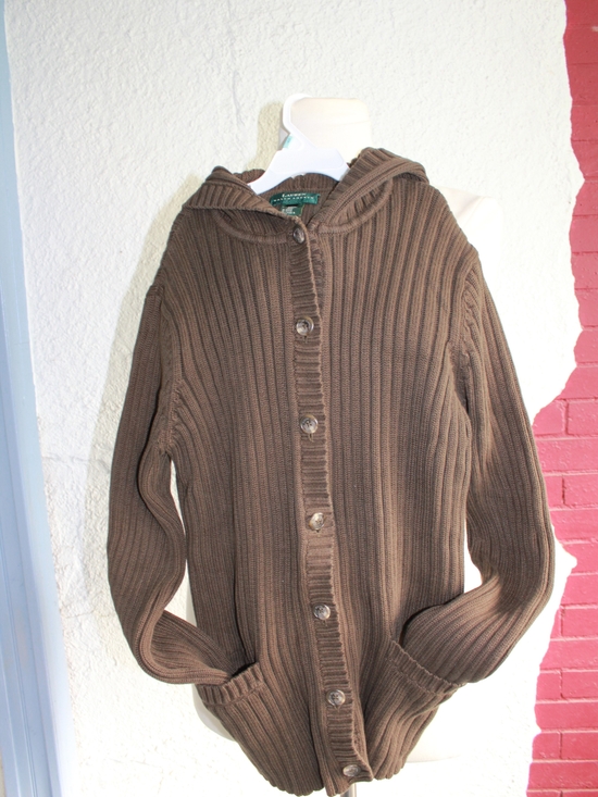 Lauren Ralph Lauren Sweaters - Ralph Lauren Brown Hooded Rib-Knit Button Cardigan